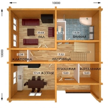 Планировка 1 этажа дома 10х10: веранда, прихожая, котельная, холл, кухня, кладовка, зал, ванная, туалет